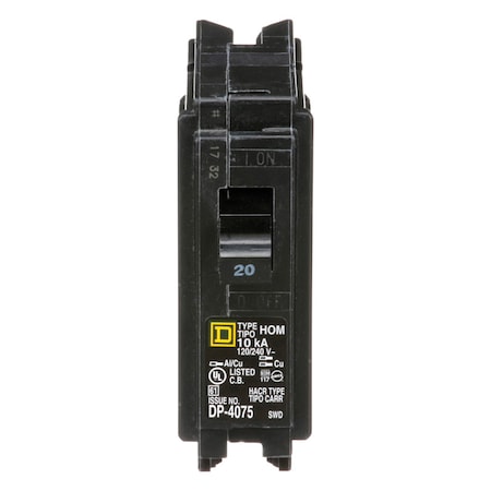 Square D Miniature Circuit Breaker, HOM Series, 20A, 1 Pole, 120/240V AC, 10kA HOM120C